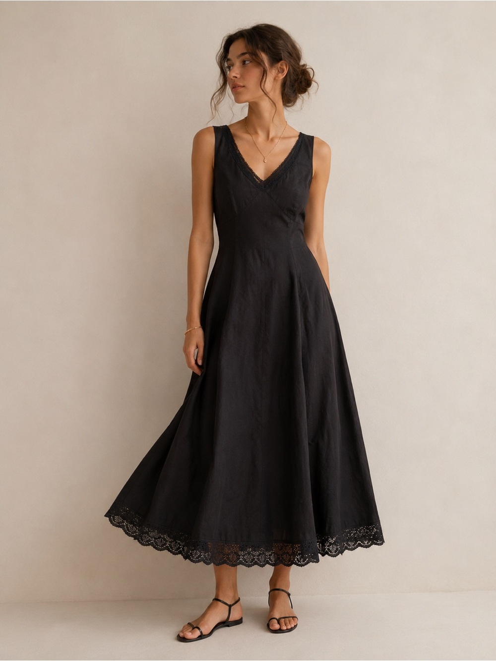 Garnet Hill Cotton Classic Black Lace-Trim Dress